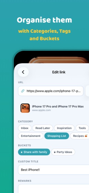 Edit link screen with categories and Buckets for organising a catch