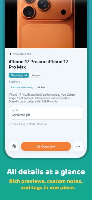 Link detail screen with a rich preview, custom title, tags and a note