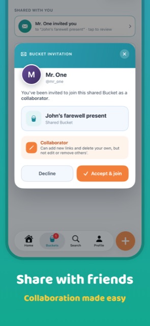 Shared Bucket invitation screen, accepting as a collaborator