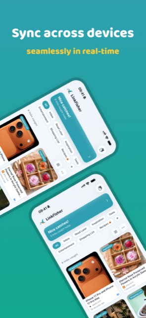 Two phones showing Linkfisher synced across devices in real time
