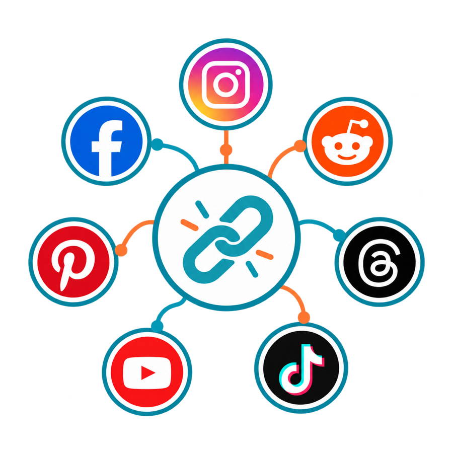 A link surrounded by Instagram, Facebook, Reddit, Threads, TikTok, YouTube and Pinterest icons