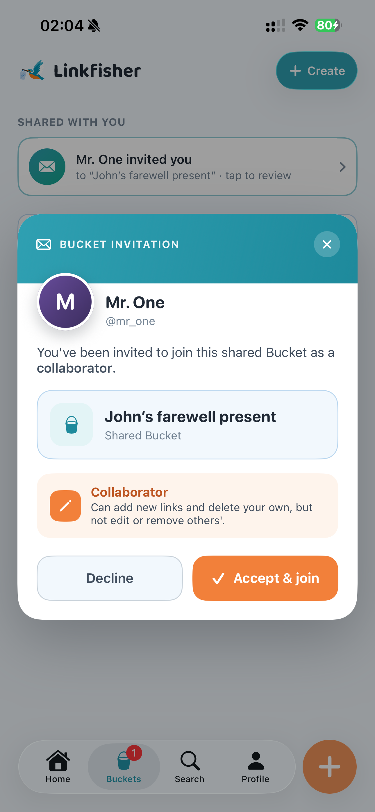 Linkfisher Shared Bucket invitation for John's farewell present